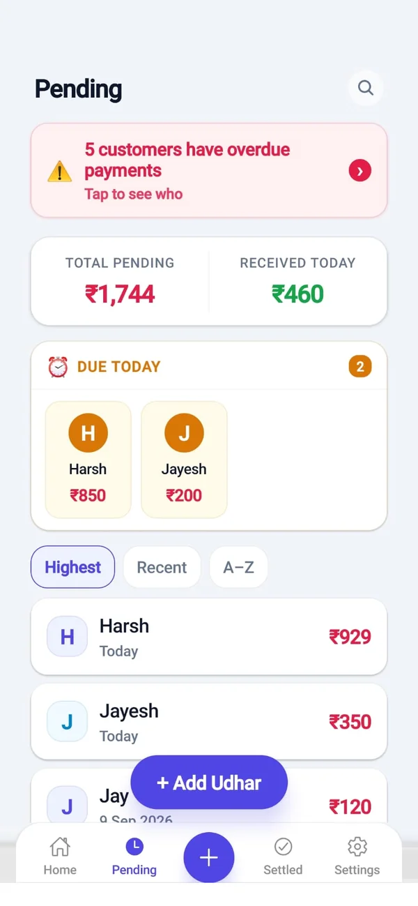 Udhar Book pending screen with overdue alert, totals and due-today customers