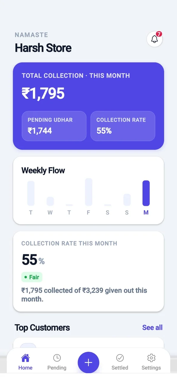 Udhar Book home dashboard with collection, weekly flow and collection rate