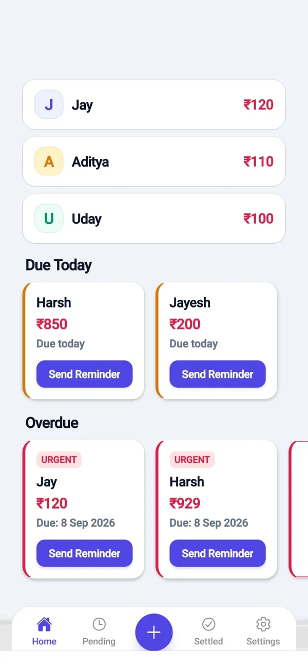 Udhar Book due today and overdue cards with Send Reminder buttons