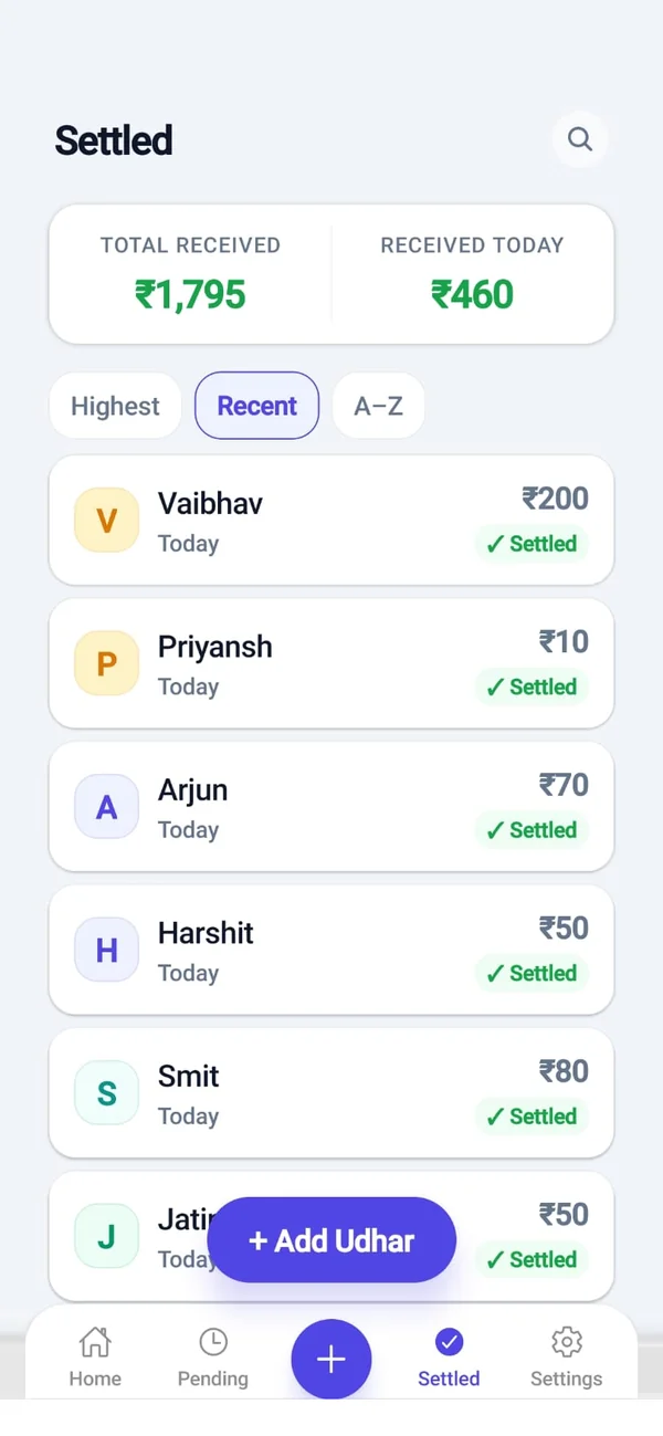 Udhar Book settled screen showing total received and paid customers